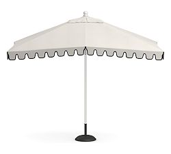 10' Rectangular White Metal Umbrella w/ Brass Accents; Sunbrella, Scalloped Natural w/ Black Trim