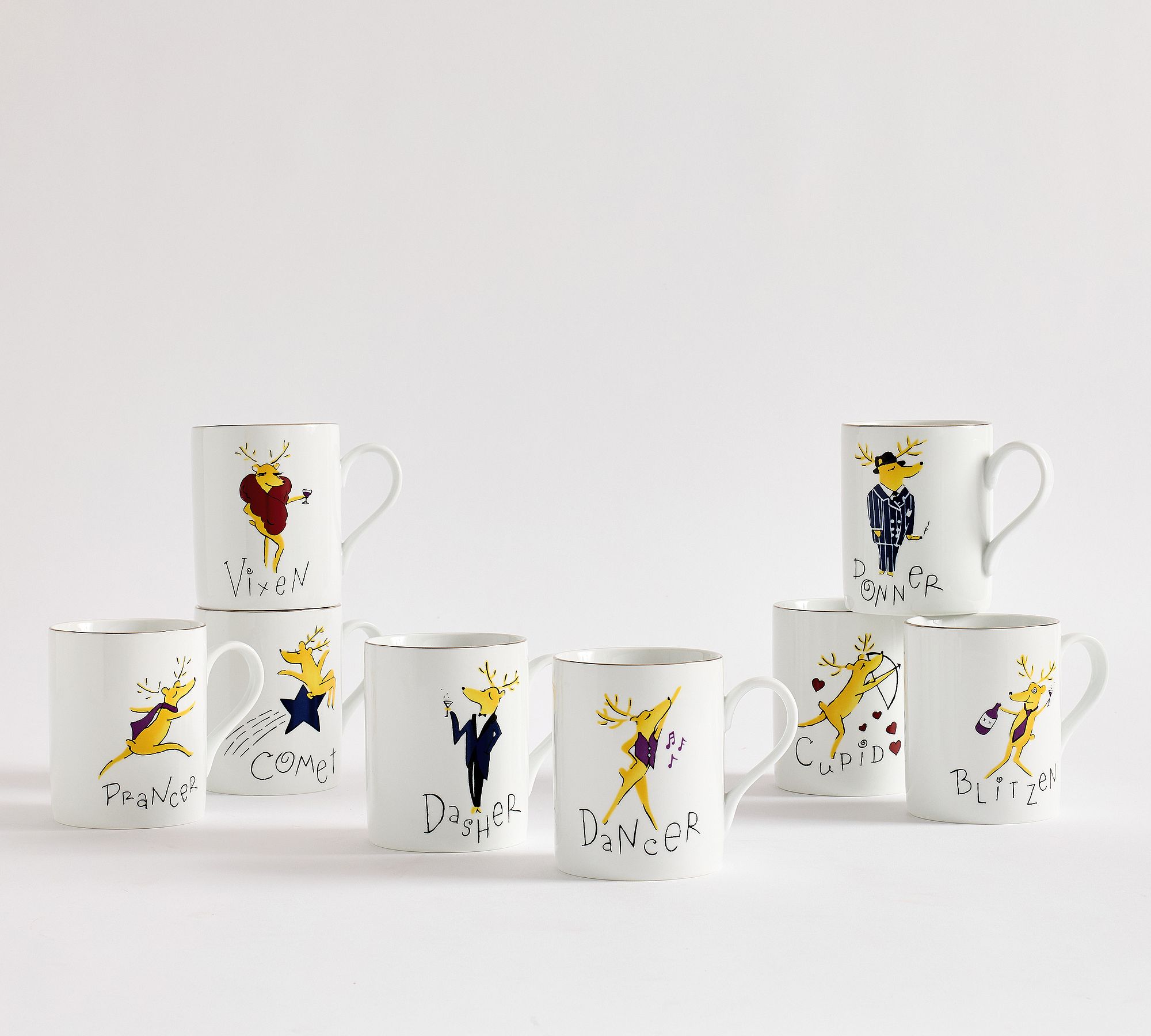 Vintage Reindeer Mugs - Mixed Set of 8