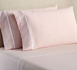Open Box: Belgian Flax Linen Contrast Flange Pillowcases, King, Set of 2 - Soft Rose/White