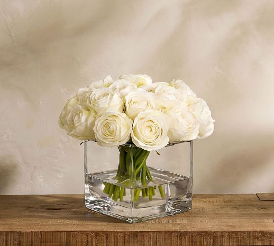 Faux Composed Roses in Square Vase