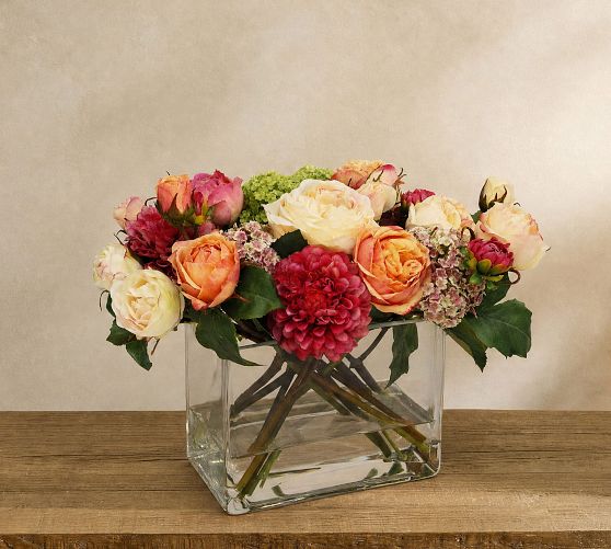 Faux Dahlia Garden Rose Arrangement in Square Glass Vase