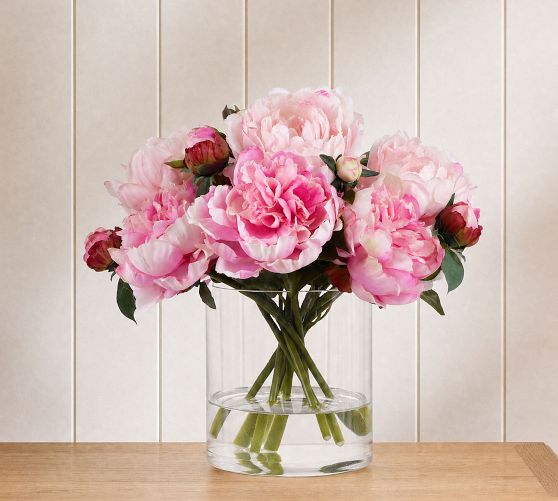 Faux Pink Peonies In Glass Vase