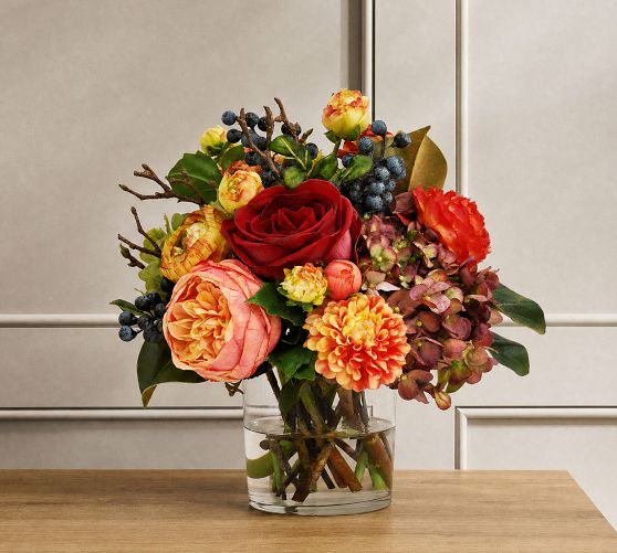 Faux Mixed Fall Hydrangea and Rose in Cylinder Vase