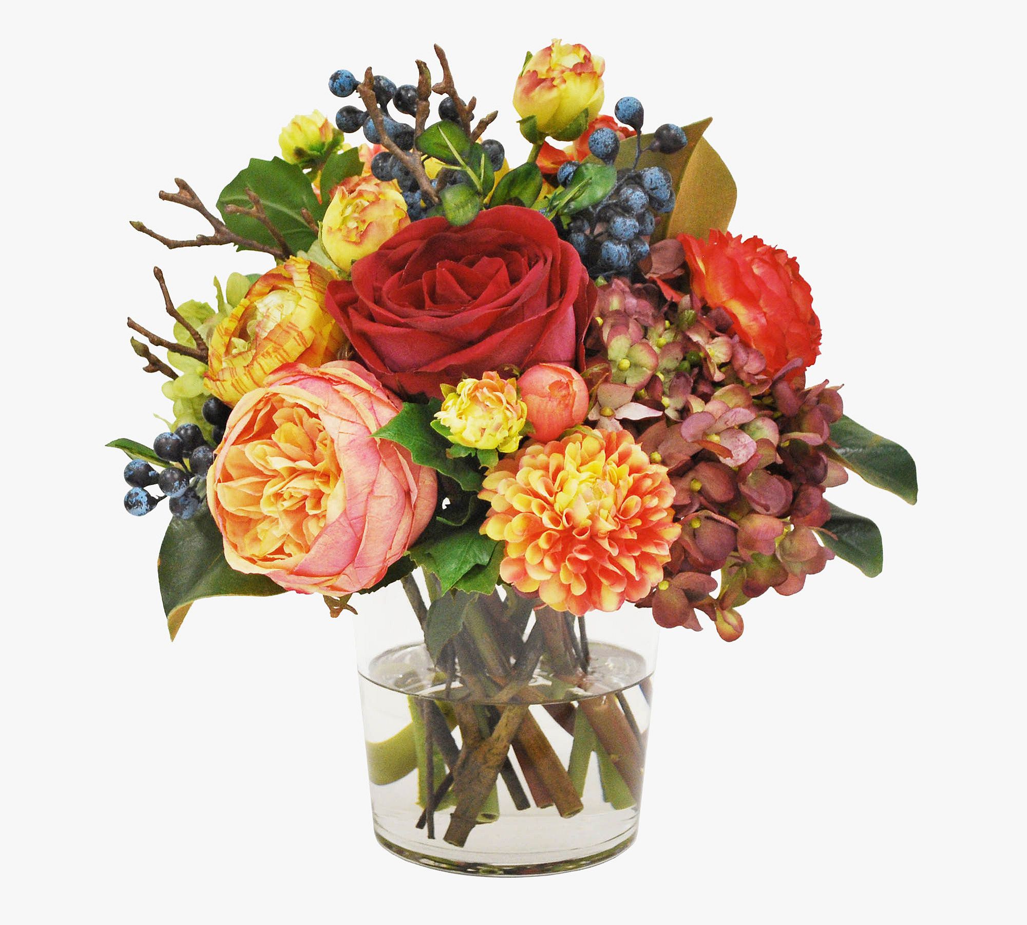Faux Mixed Fall Hydrangea and Rose in Cylinder Vase