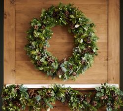 Faux Lit Rustic Pine and Berry Wreath &amp; Garland