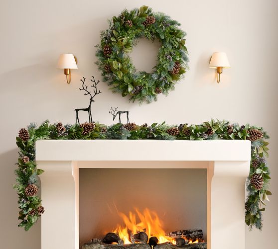 Faux Lit Rustic Pine and Berry Wreath & Garland