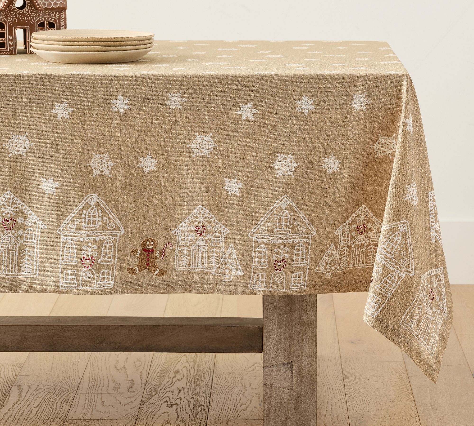Gingerbread Village Embroidered Cotton Outdoor Oilcloth