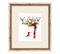 Santa and Reindeer Getting Ready Framed Print by Norman Rockwell