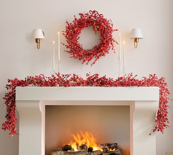 Lit Faux Red Berry Wreath & Garland