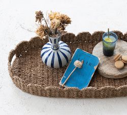 Decorative Scalloped Rattan Tray with Handles