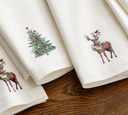 Tree &amp; Stag Icon Embroidered Cotton Napkins - Mixed Set of 4