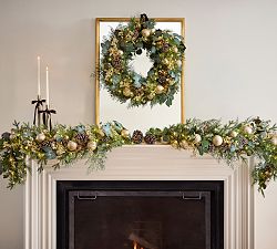 Faux Lit Rustic Glam Ornament Wreath &amp; Garland