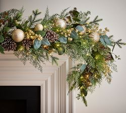 Faux Lit Rustic Glam Ornament Wreath &amp; Garland