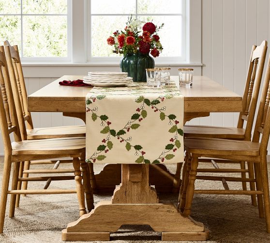 Crossing Holly Embroidered Cotton Table Runner