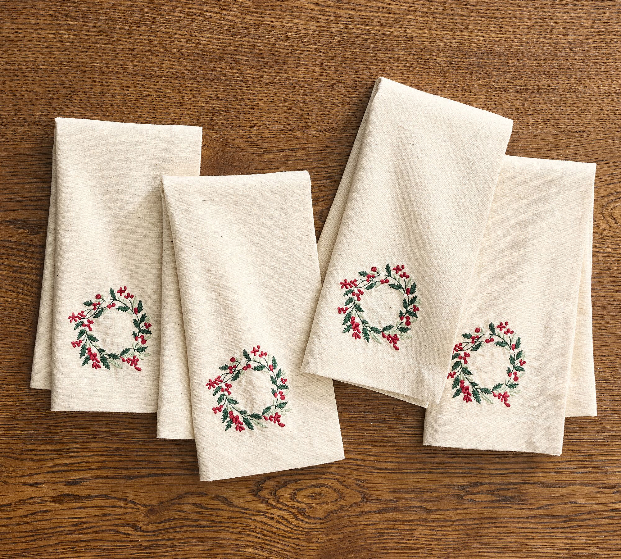 Wreath Embroidered Cotton/Linen Napkins - Set of 4