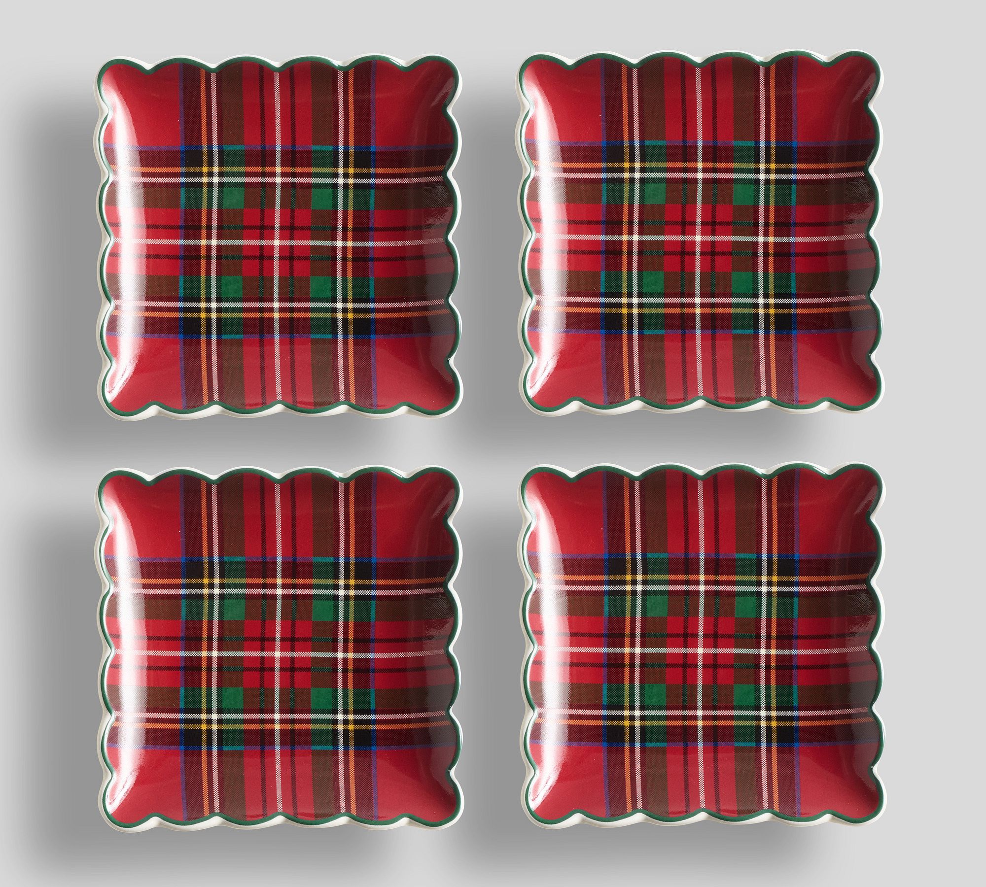 Stewart Plaid Stoneware Scallop Square Appetizer Plates - Set of 4