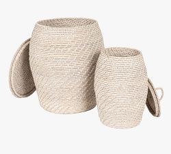 Bruno White Rattan Baskets With Lids, Set of 2