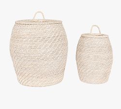 Bruno White Rattan Baskets With Lids, Set of 2