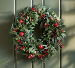 Faux Lit Mixed Eucalyptus &amp; Pomegranate Wreath &amp; Garland