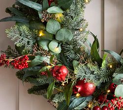 Faux Lit Mixed Eucalyptus &amp; Pomegranate Wreath &amp; Garland