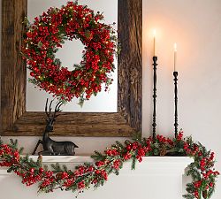 Faux Lit Mixed Berries Wreath &amp; Garland