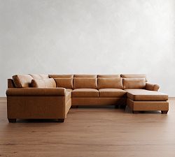 York Roll Arm Deep Seat Leather 4-Piece Chaise Sectional (127")
