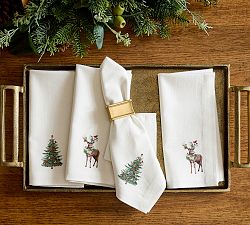 Tree &amp; Stag Icon Embroidered Cotton Napkins - Mixed Set of 4