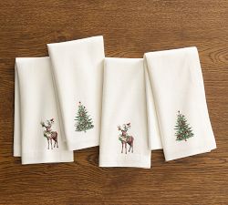 Tree &amp; Stag Icon Embroidered Cotton Napkins - Mixed Set of 4