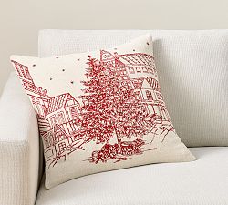 Open Box: Snowy Village Embroidered Pillow Cover (20") - Ivory/Red