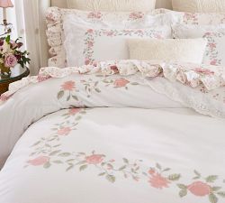 LoveShackFancy Pink Embroidered Rose Duvet Cover