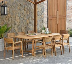 Nassau Teak Extendable Outdoor Dining Table (59"-79") + Monza Stackable Chair Set