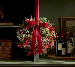 Faux Lit Cedar &amp; Red Berry Bow Wreath