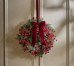 Faux Lit Cedar &amp; Red Berry Bow Wreath