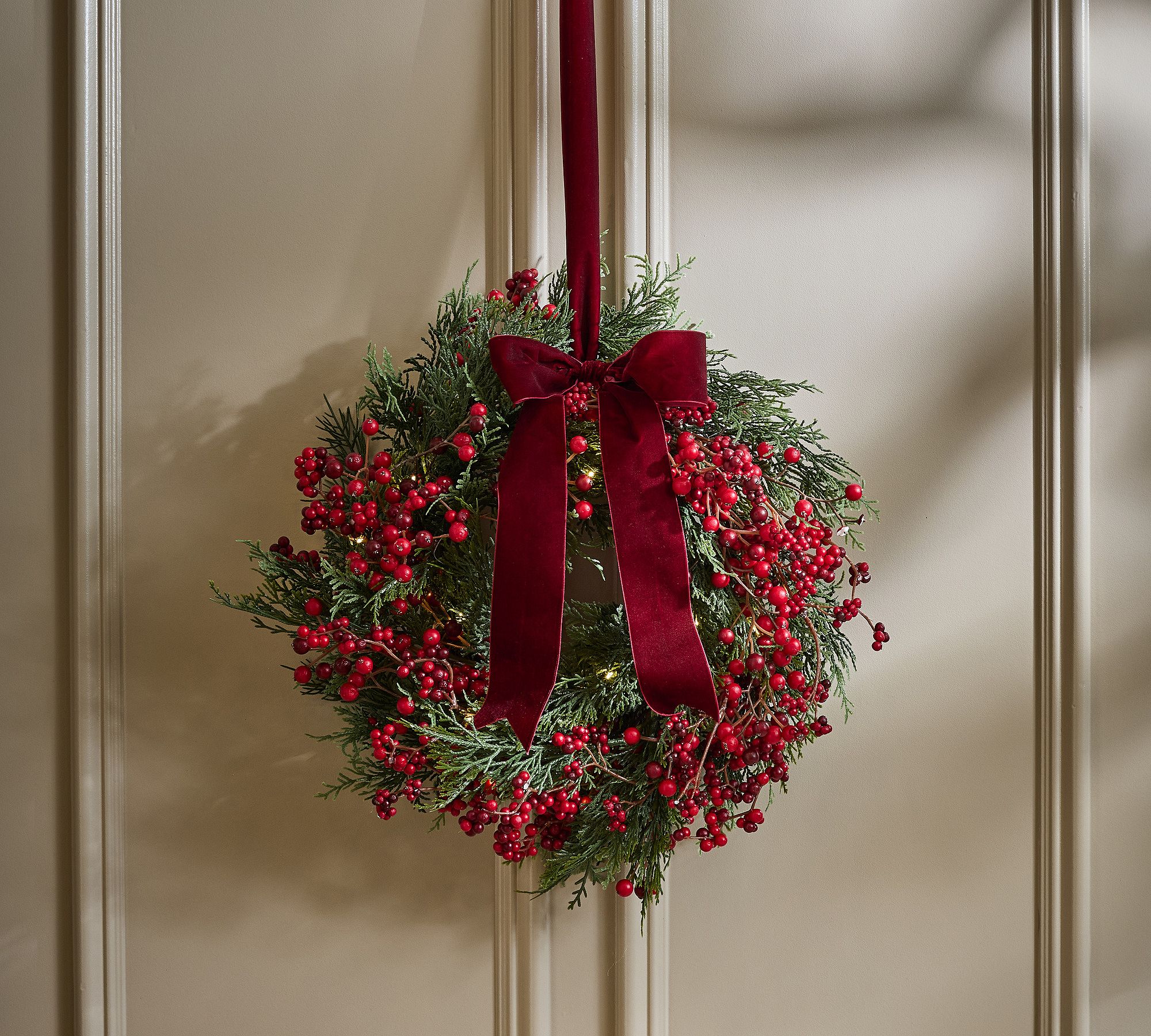Faux Lit Cedar & Red Berry Bow Wreath