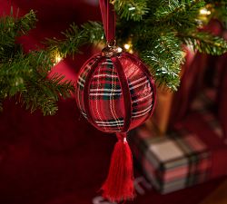 Plaid Ball with Tassel Ornament - Set of 4 