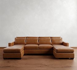 York Square Arm Deep Seat Leather Double Chaise Sectional (112"-132")
