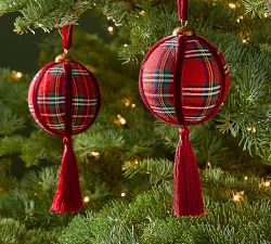 Plaid Ball with Tassel Ornament - Set of 4 