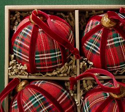 Plaid Ball with Tassel Ornament - Set of 4 