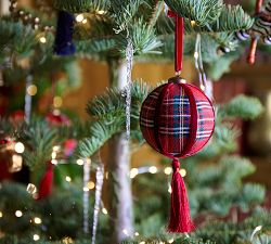 Plaid Ball with Tassel Ornament - Set of 4 