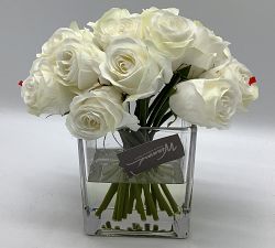 Open Box: Faux Pure White Roses in Square Glass Vase (9")