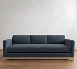 Open Box: Jake Seadrift Wood Base Grand Bench Sofa (96"W, 39"D), 3X1, Poly Fill - Performance Heathered Tweed Indigo, Seadrift