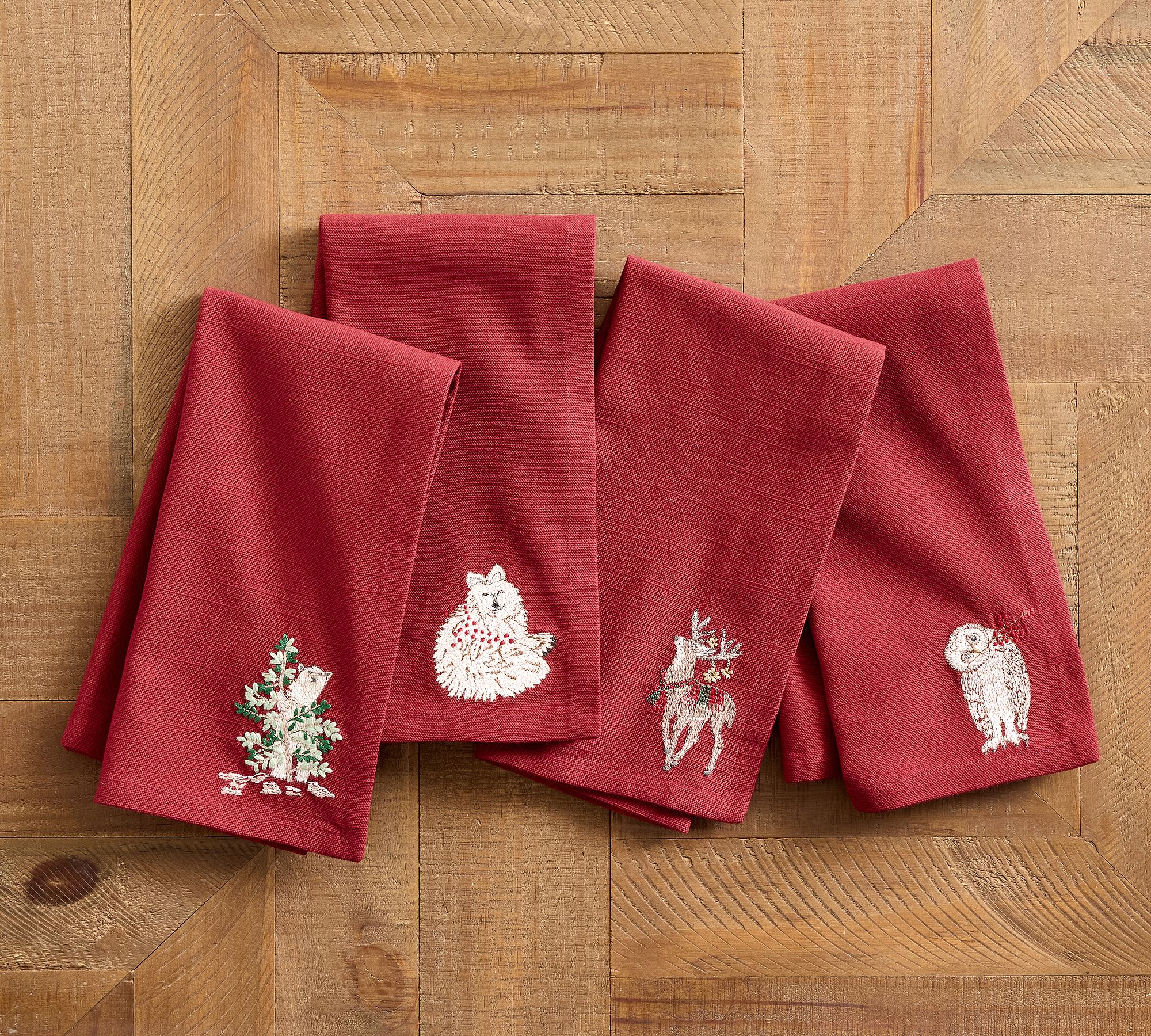 Holiday Critters Embroidered Cotton Napkins - Mixed Set of 4